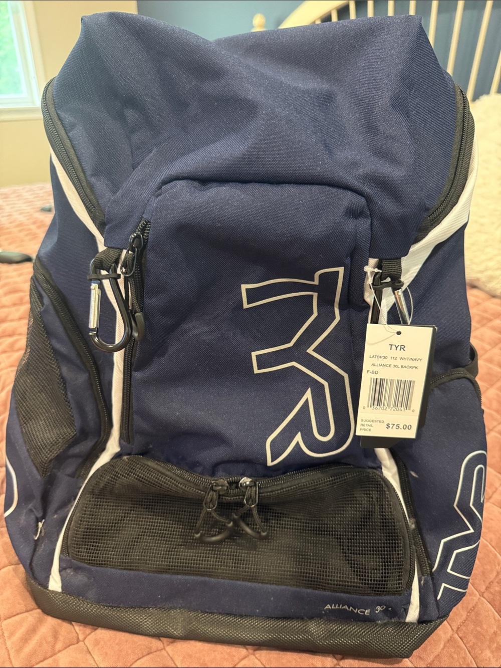 TYR Navy and White Alliance 30L Swim Backpack with Front Mesh Pocket